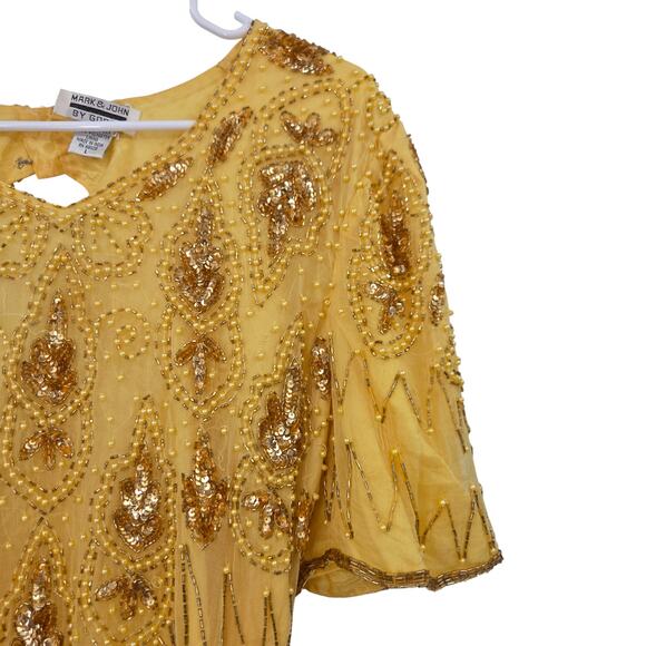 VTG MARK & JOHN BY GOPAL SILK BEADED FLAPPER CREW NECK SHORT SLEEVE MIDI DRESS - Picture 4 of 9